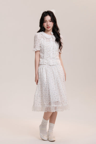 Floral Pattern Frilled Collar Girly Short-Sleeved Blouse & Lace Hem Knee-Length Skirt AOO0032