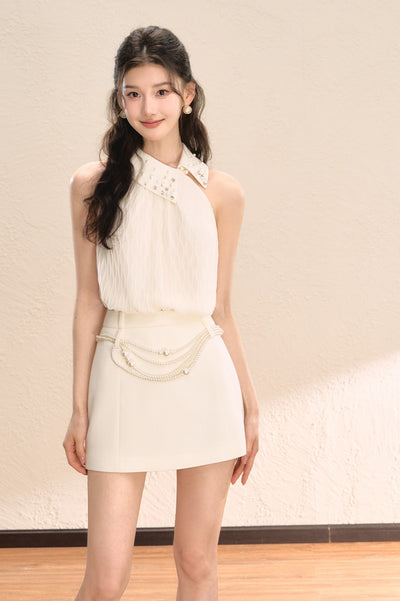 White Irregular Design Sleeveless Halter Neck Shirt OSH0053