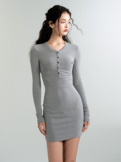 Henry Collar Long Sleeve Knit Slim Dress LUL0088