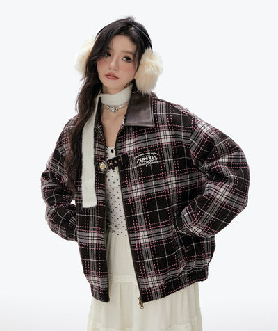 Retro Trend Contrast Color Plaid Leather Collar Jacket IMO0082