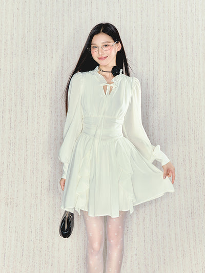 Stand Frill Collar Waist Slim Chiffon Dress UND0097