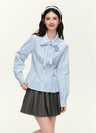 College Style Embroidered Check Tie Shirt/Gray Skirt NTO0127