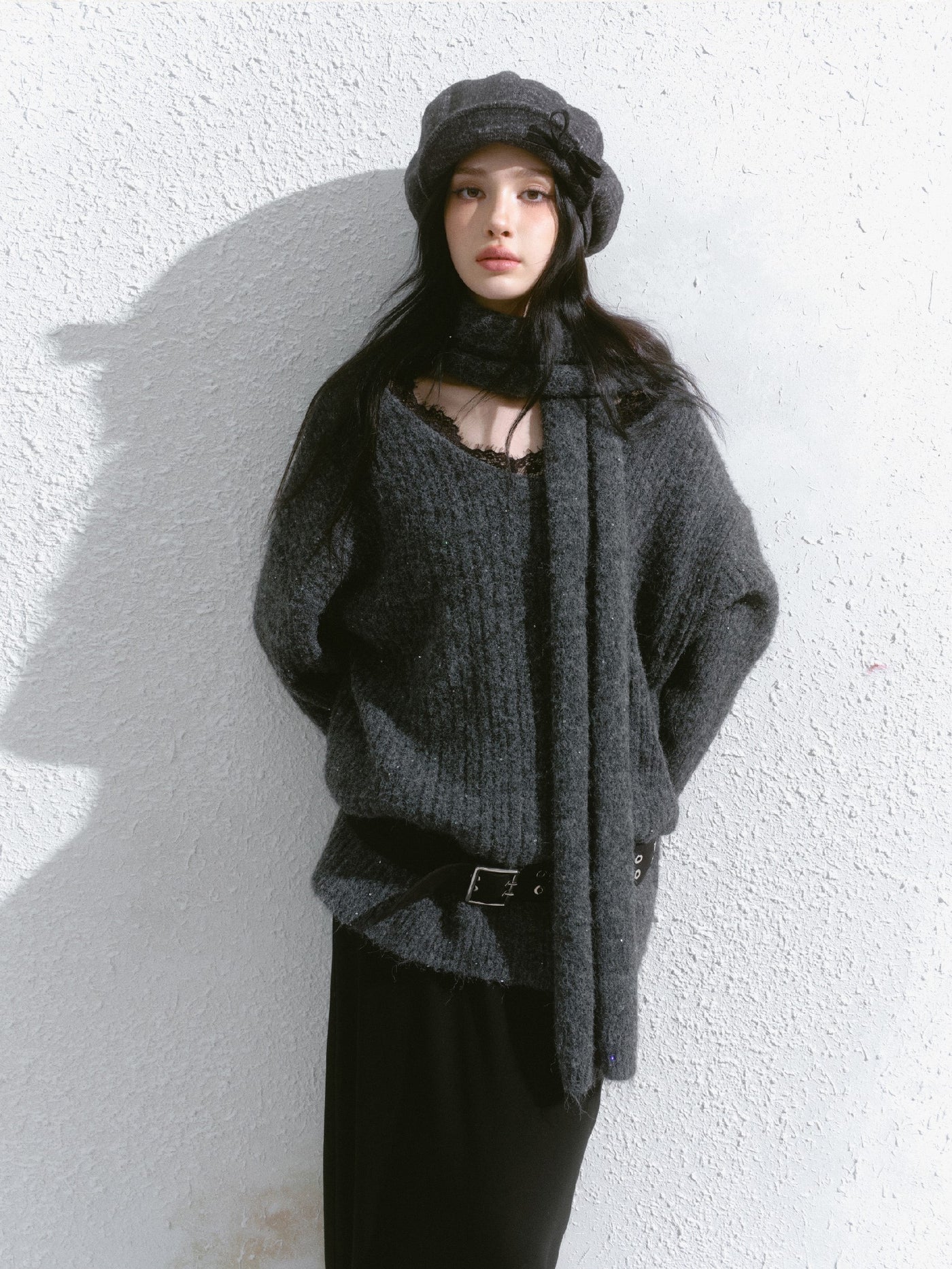 Gray V-Neck Scarf Sweater SAL0097