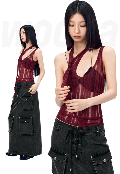 Modified Halter Neck See-through Knit Top WOO0116