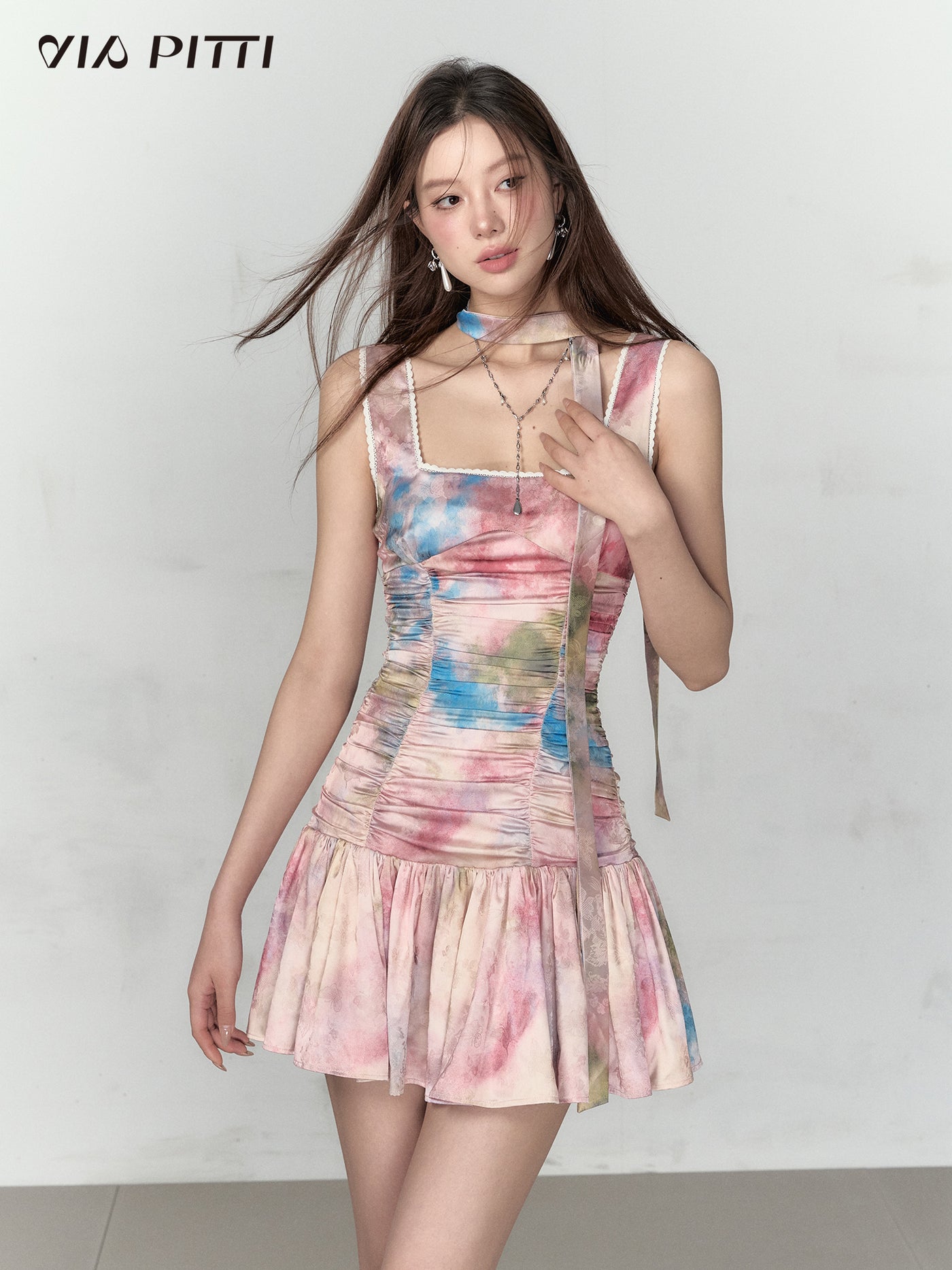Summer Color Shirring Design Sleeveless Dress VIA0101