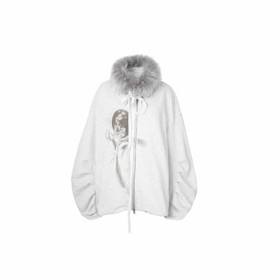 Fur Collar Mysterious Print Oversized Fleece Sweat Jacket DOU0064