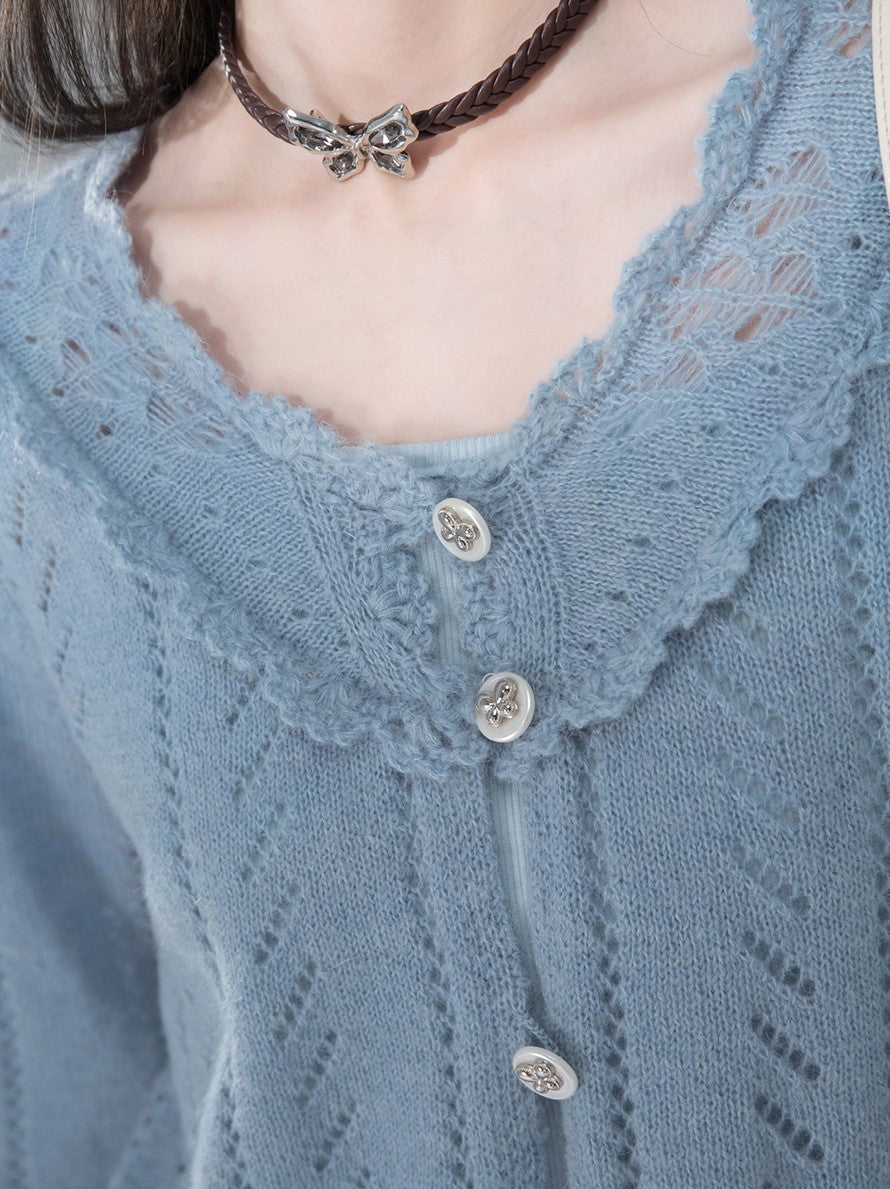 Salty Morning Mist Blue Crochet Mohair Cardigan COT0153