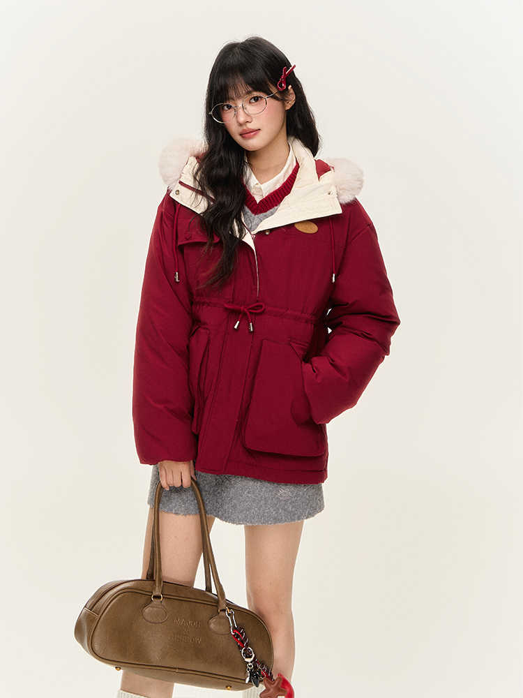 Big Fur Hood Waist Drawstring Warm Jacket NTO0157