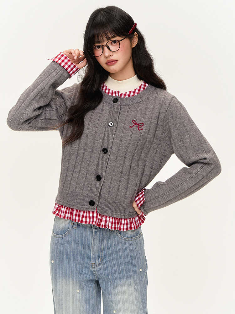 Checkered Inner Docking Ribbon Embroidery Girly Cardigan NTO0141