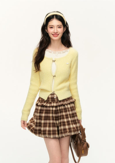 Cream Yellow Furry Square Collar Sweater Cardigan/Brown Skirt NTO0138