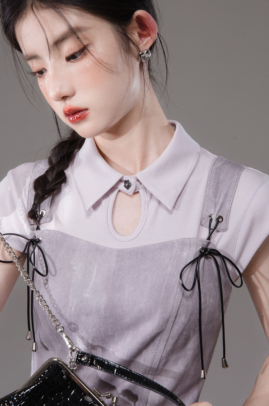 Plum Purple Tencel Shirt/Tie-Dye Printed Suspender Dress COT0131