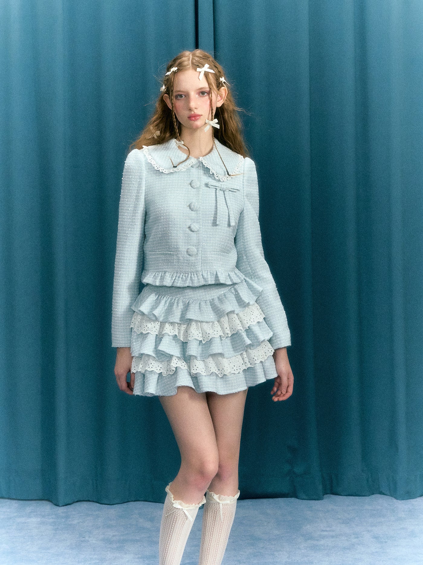 Baby Blue Bow Suit Short Jacket/Lace Cake Skirt NAR0043