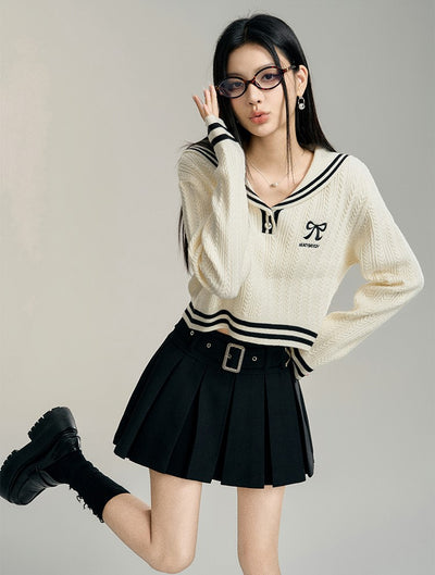 Large Lapel Short Cable Knit Sweater MAC0089