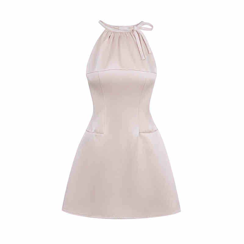 Pearl Halter Neck Waist Slim Shiny Fabric Dress REC0042