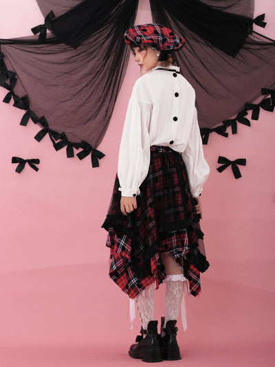 Tulle Layered Irregular Hem Check Skirt SHC0023