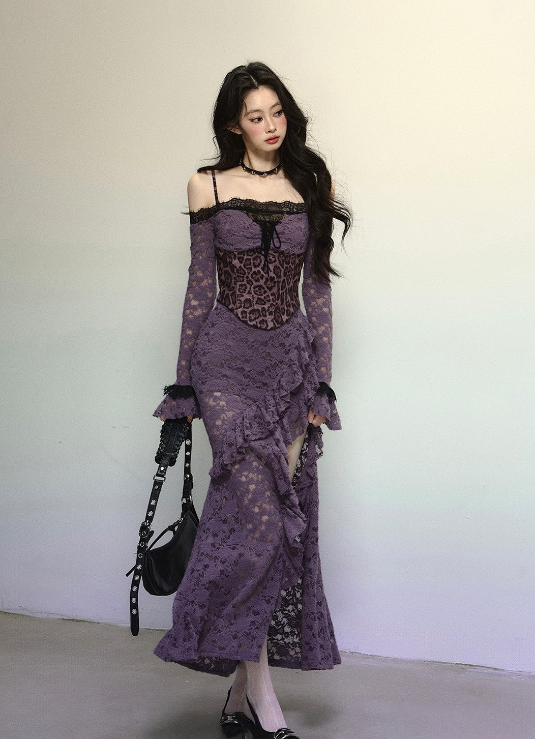 Purple Lace Leopard Print Long Dress DIA0316