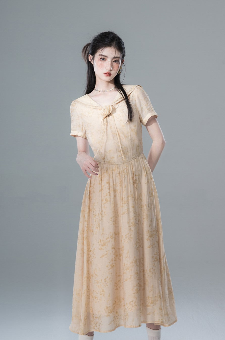 Fallen Leaves Apricot Yellow Atmosphere Short-sleeved Dress COT0133