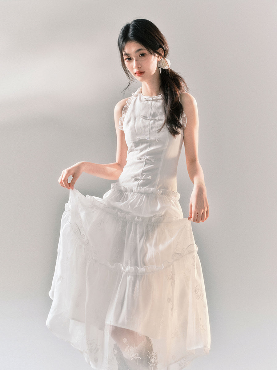 China Style Halter Neck Ruffle Gathered Dress YOO0038