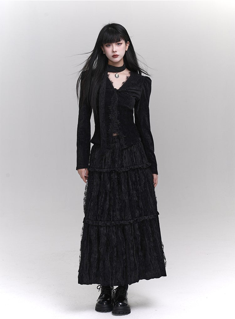 Black Velvet Top/Pleated Long Skirt LAD0125