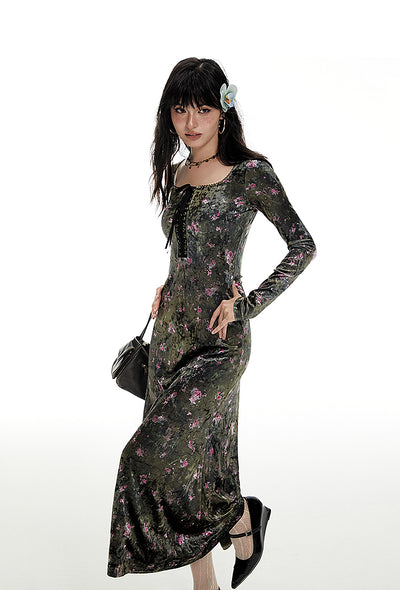 Retro Chest Strap Waist Square Collar Velvet Floral Dress IMO0053