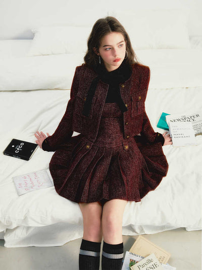 No Collar Wine Red Wool Button Jacket & Wool Pleated Jumperskirt BOH0071