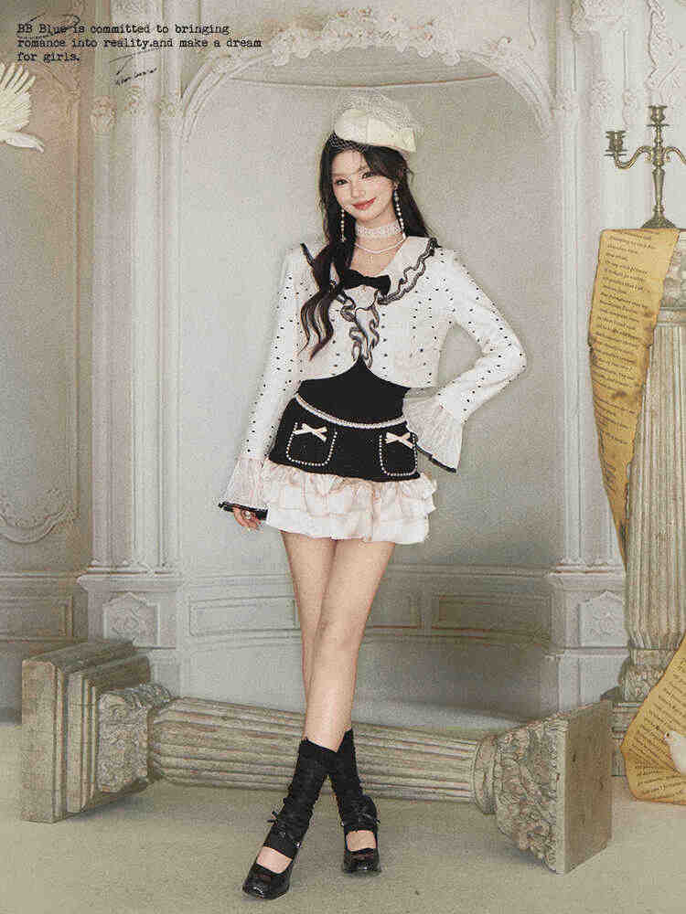 Dot Pattern Frilled Collar Short Jacket & Ribbon Pocket Ruffle Skirt BBB0086