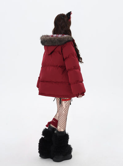 Letter Print Fur Hooded Loose Down Jacket CRA0085