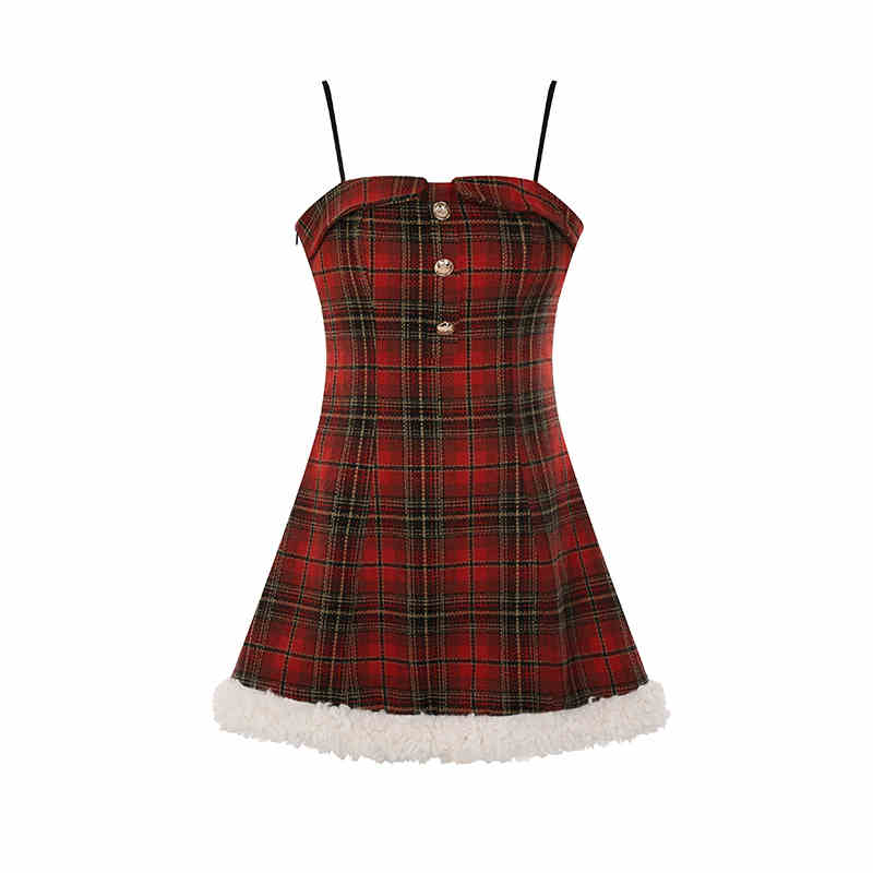 Red checkered camisole dress with fur hem REC0030