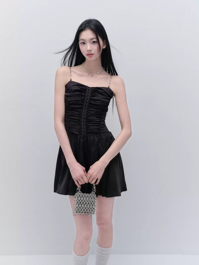 Chain Satin Pleated Suspender Dress FRA0279