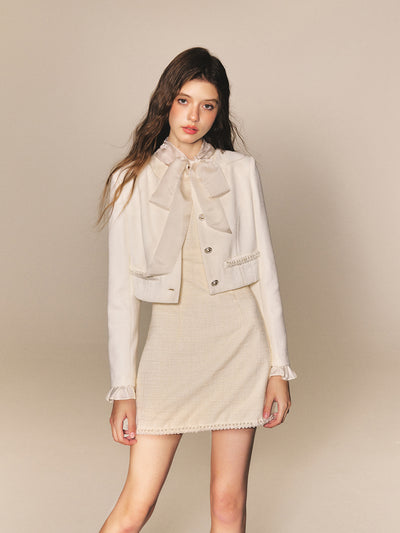 Collarless Pearl Button Sleeve Ruffle Short Jacket REC0053