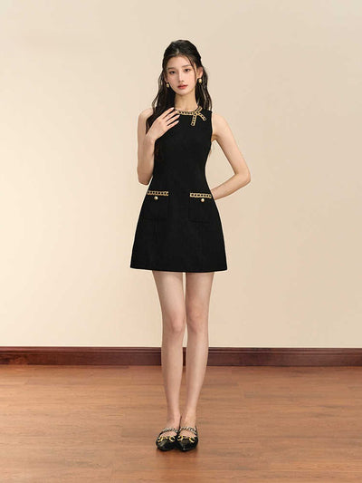 French Style Sleeveless Silk Slim Short Black Dress OSH0061