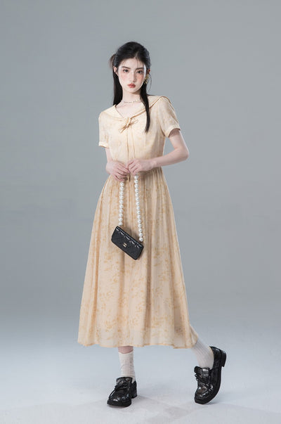 Fallen Leaves Apricot Yellow Atmosphere Short-sleeved Dress COT0133