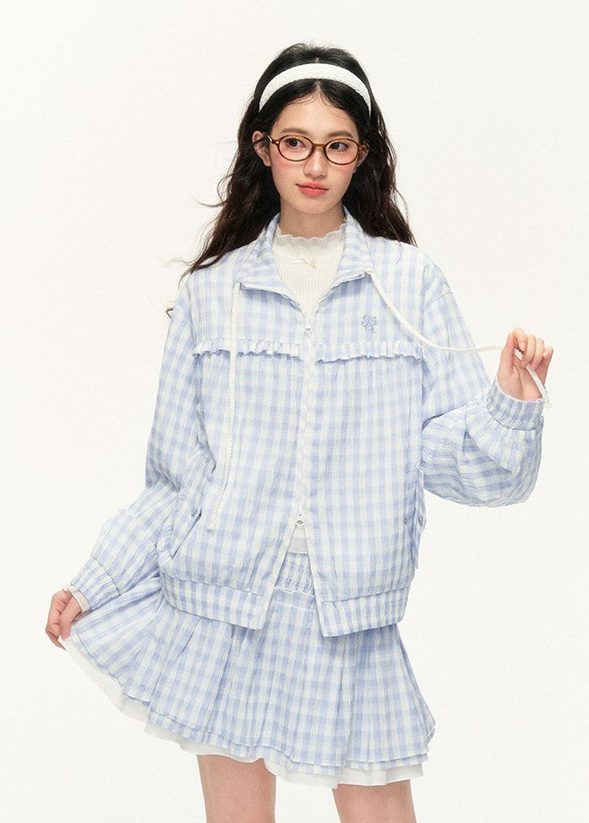 Plaid Embroidery Jacket/Multi-layer Lace A-line Skirt NTO0122