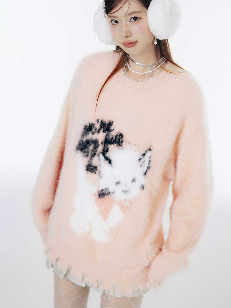 Irregular Hem Design Cat Pattern Soft Knit Top LAC0242