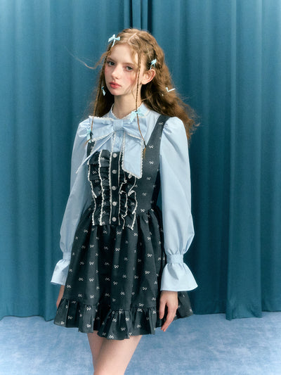 Blue-gray Bow Puff Sleeves Fake Two-piece Tutu Skirt Dress NAR0040