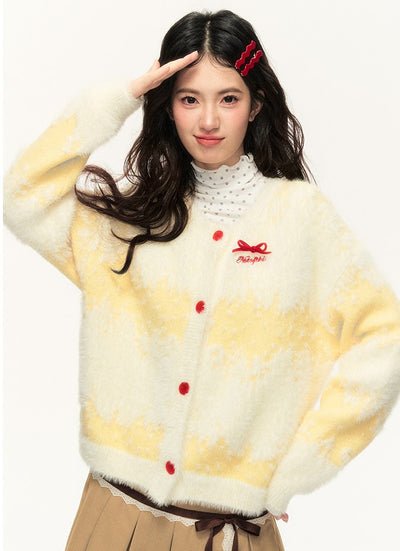 Bowknot Cream Yellow Long Hair Gradient Stripes Lazy Style Sweater Cardigan NTO0136