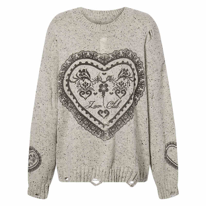 Lace Heart Pattern Mixed Color Loose Knit Top LAC0245