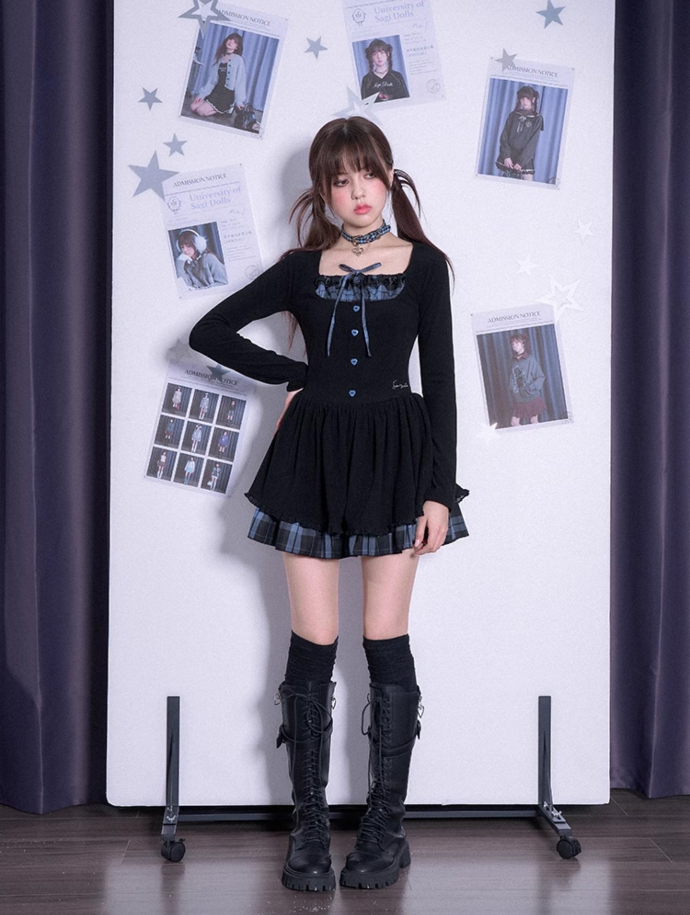 Blue Black Grid Knitted Cake Dress SAG0219