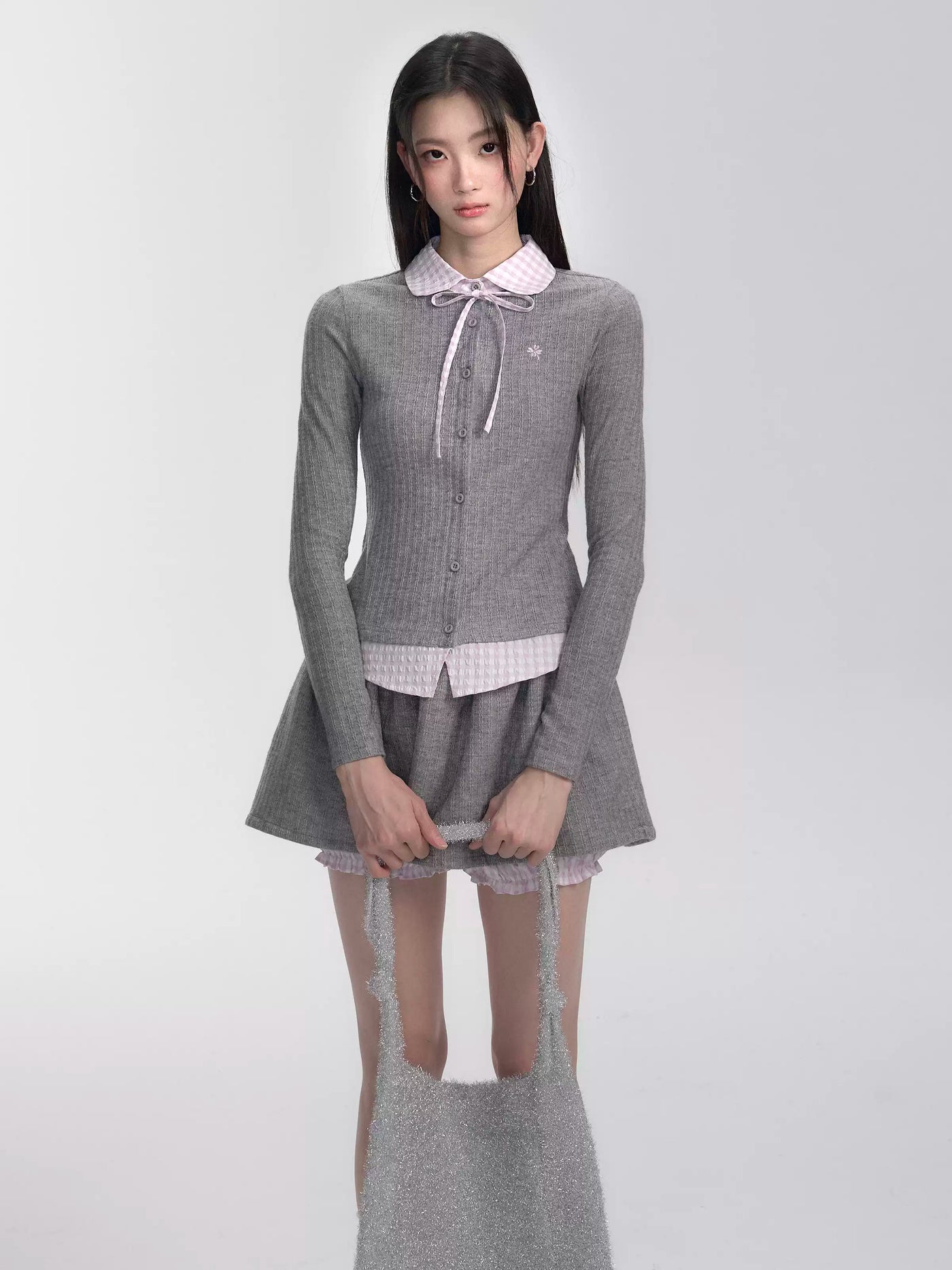 Pink And Gray Plaid Fake Two-Piece Sweater/Shorts FRA0280