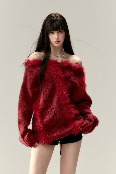 Fur Stitching One Shoulder Sweater VIA0206