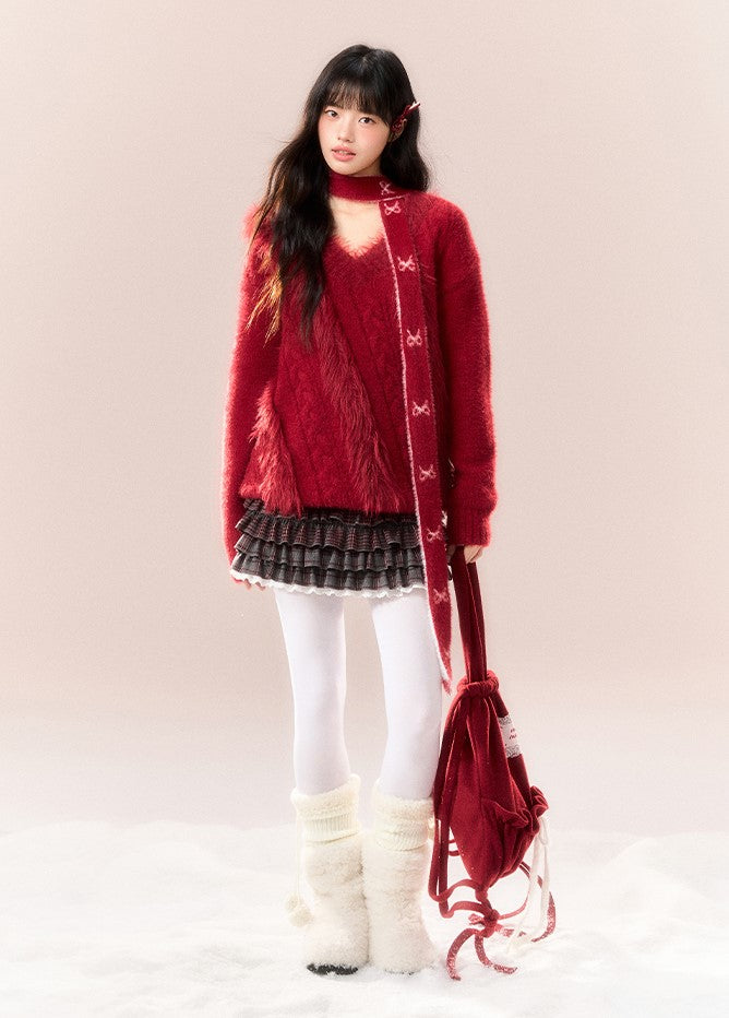 Red Bow Design V-Neck Cable Knit NTO0166