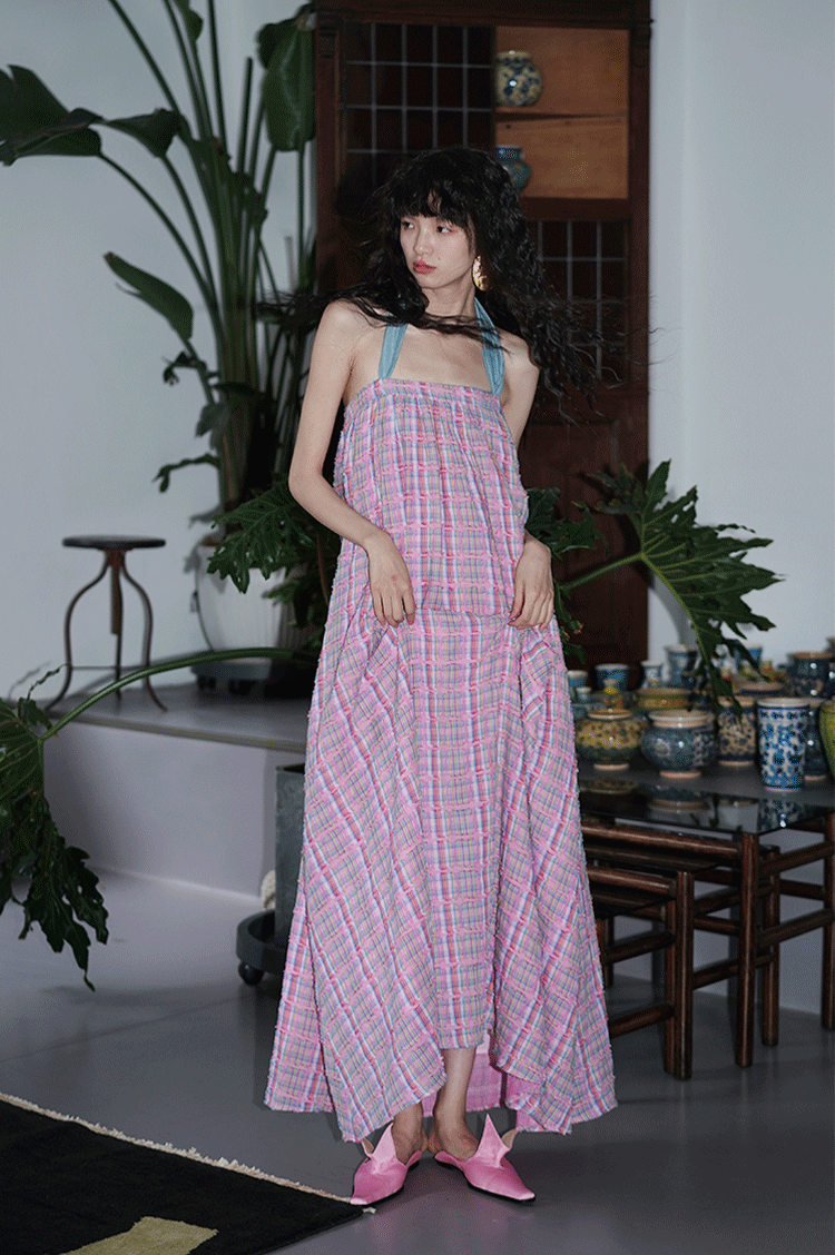 Loose Retro Plaid Long Halter Neck Tube Dress BAD0027