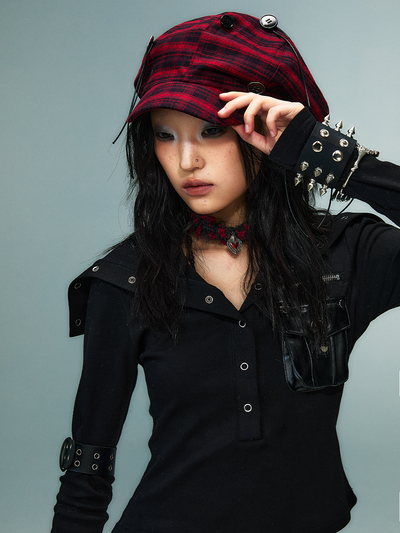 Button Red Plaid Cloud Beret FRU0087