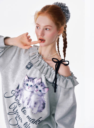 American Retro Oblique Shoulder Loose Lazy Style Cat Print Sweatshirt ZIZ0179