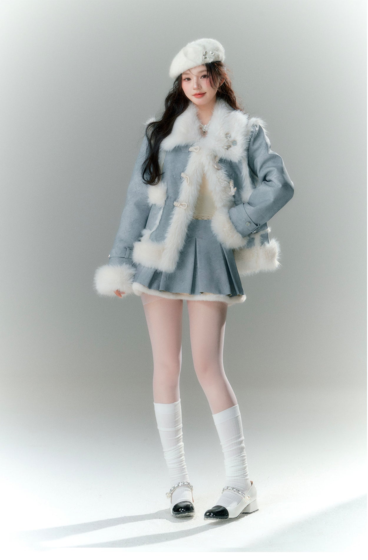 Soft fur short duffle girly jacket & pleated mini skirt BBB0025