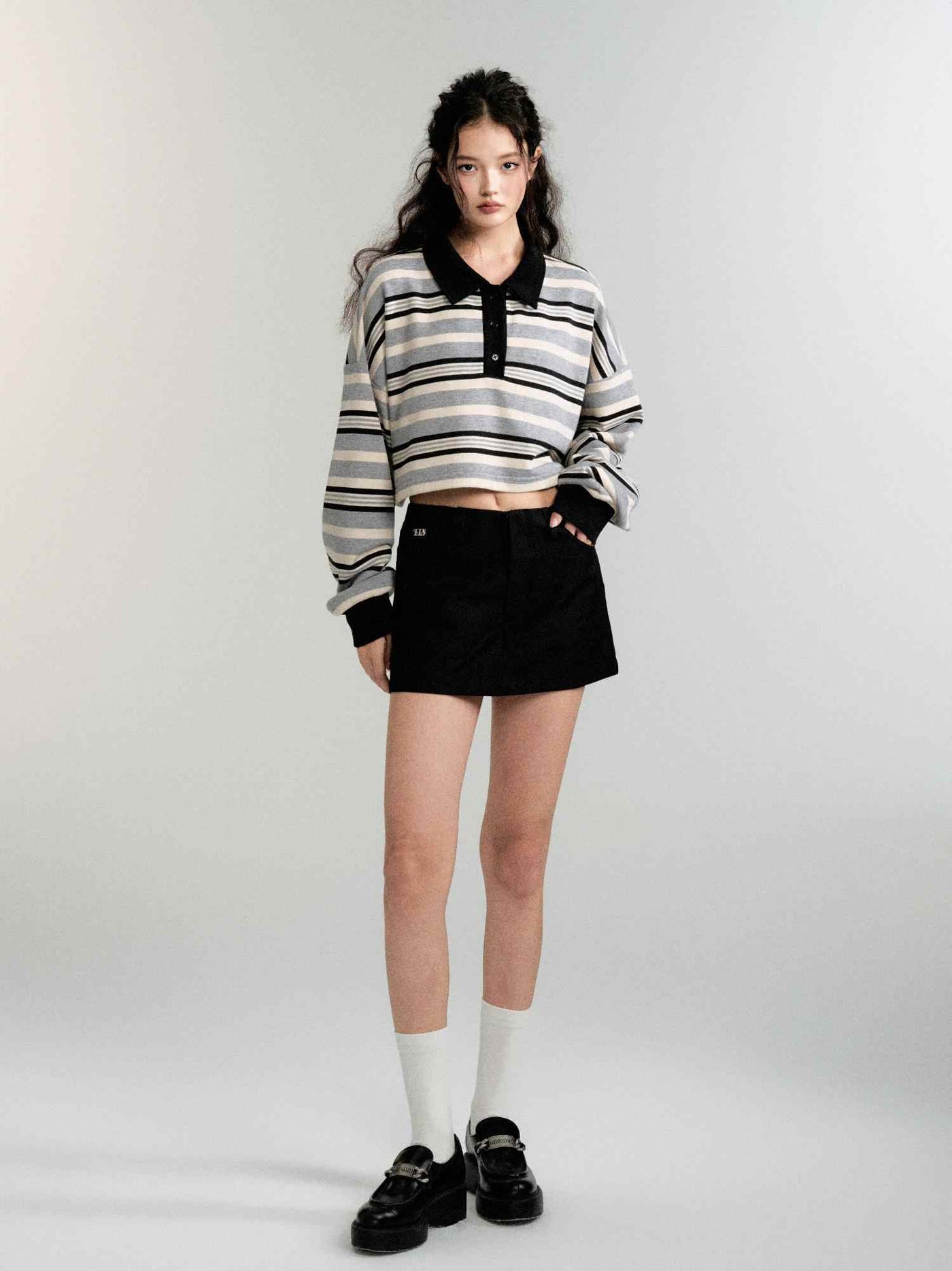 Contrast color striped long sleeve polo top LUL0085