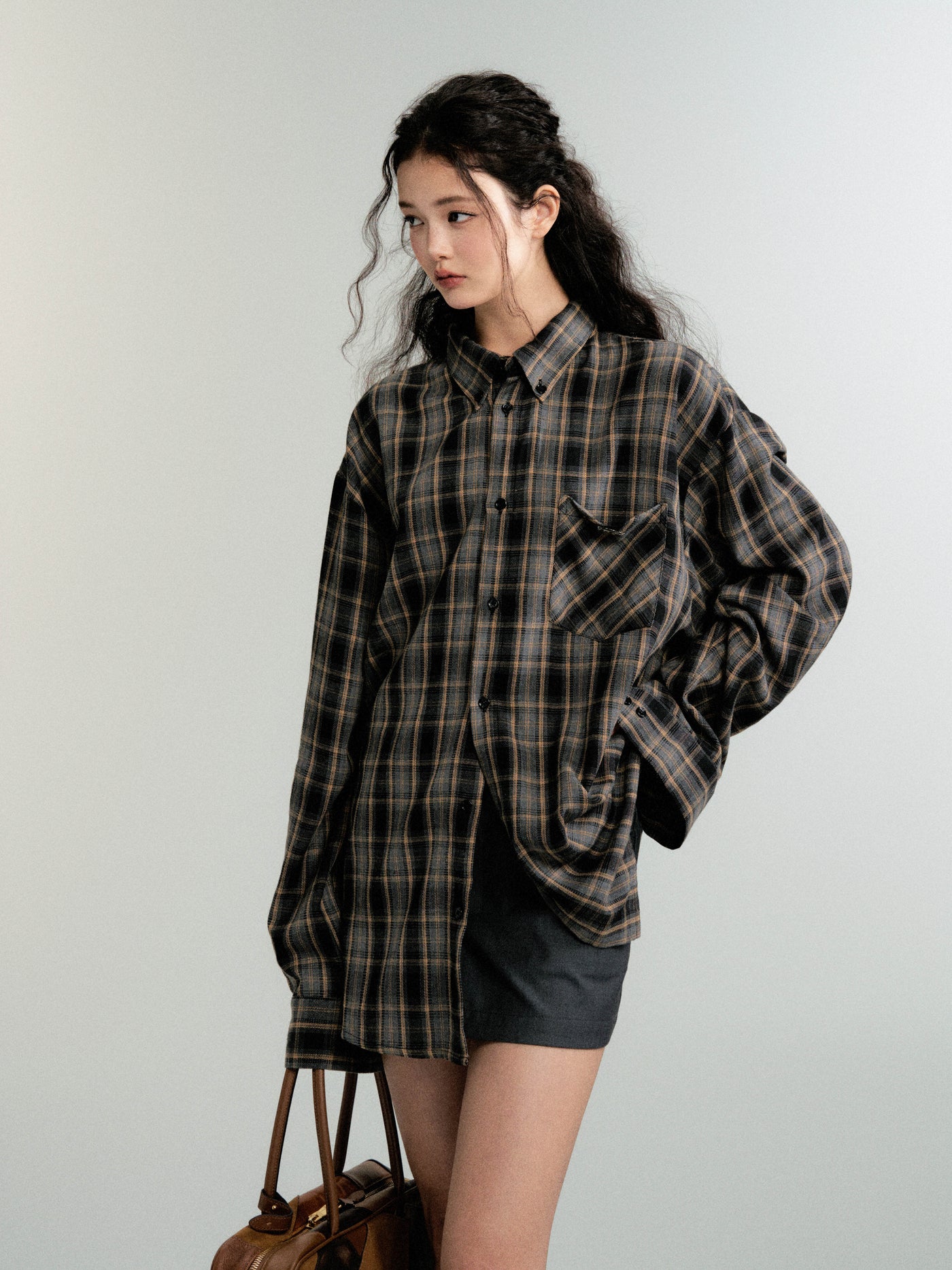 Retro color scheme loose plaid shirt jacket LUL0087