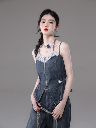 Blue Double Sling V-neck Lace Waist Slimming Denim Camisole/Jeans COT0130