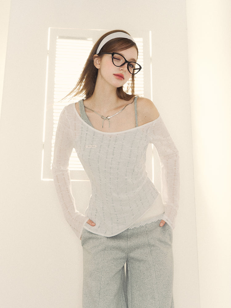 Inner Docking Asymmetrical Perforated Sheer Knit Top SPE0053