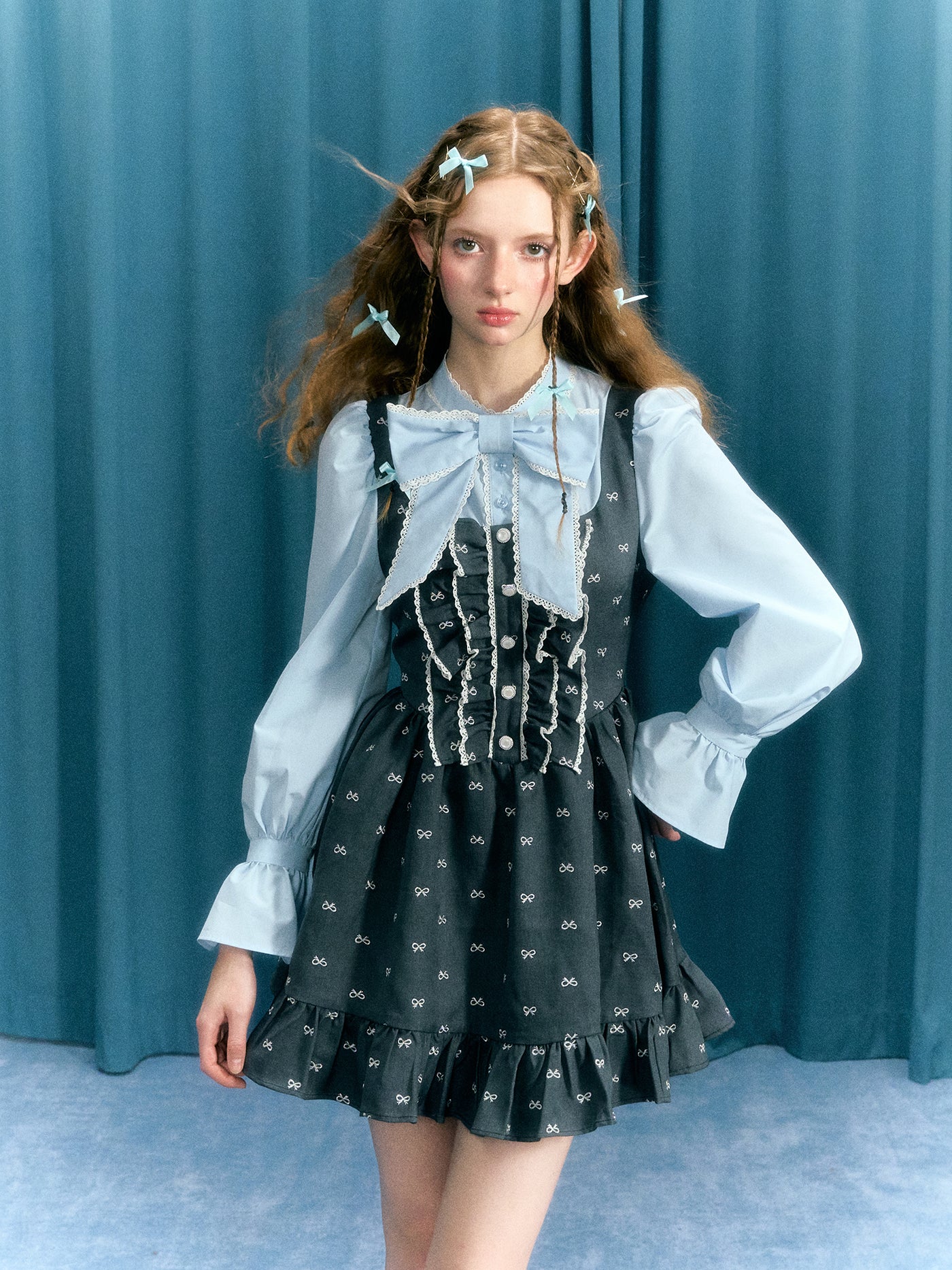 Blue-gray Bow Puff Sleeves Fake Two-piece Tutu Skirt Dress NAR0040